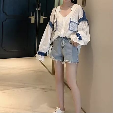 デニムパッチワーク シフォンブラウス