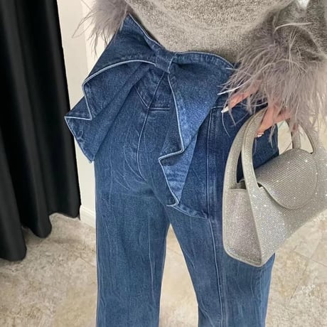 バックリボン タックデニムパンツ