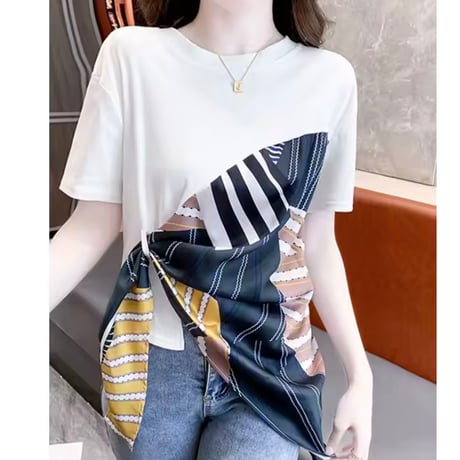 スカーフパッチワークTシャツ 2色展開