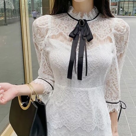 シースルーレース リボンミニワンピース 2色展開