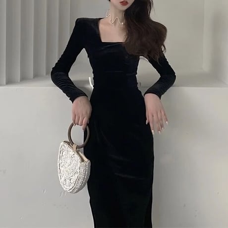 【着丈2種類ロング即納】バックリボン ベロアワンピース