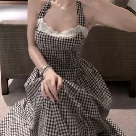 レースパッチワーク チェックロングワンピース
