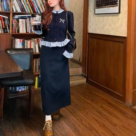 ブルーチェックリボンカーディガンスカートセット