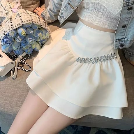 ビジューポイント ハイウエストフリルスカート 2色展開
