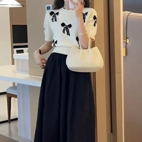 バブルスリーブ リボントップス