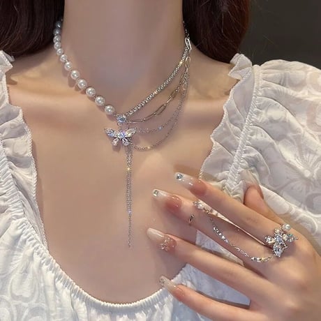 バタフライパールネックレス リングセット