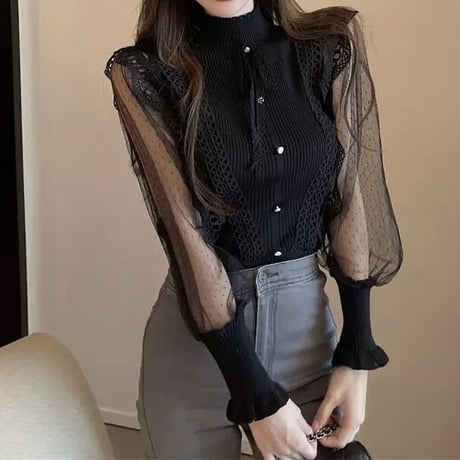 ドットシフォンスリーブ リブレーストップス 2色展開