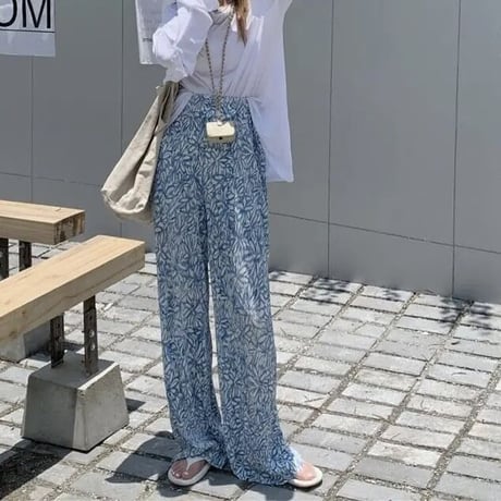 ブルーフラワー カジュアルリブパンツ