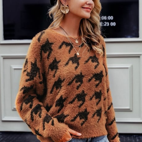 千鳥格子カジュアルモヘアニット