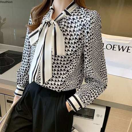 千鳥格子 リボンシフォンブラウス