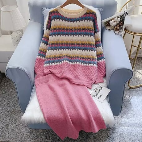 カラフルドットニット スカートセット 2色展開