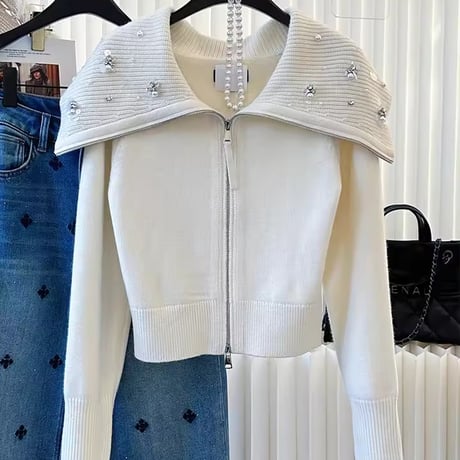 ビジューニットジッパーカーディガン