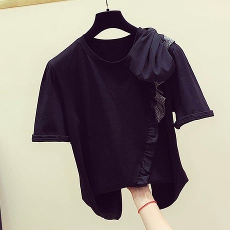 フリルライン ブラックリボンTシャツ