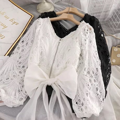 バックリボン パールショートブラウス 2色展開