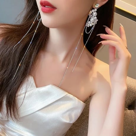 ロングチェーン パールストーンピアス