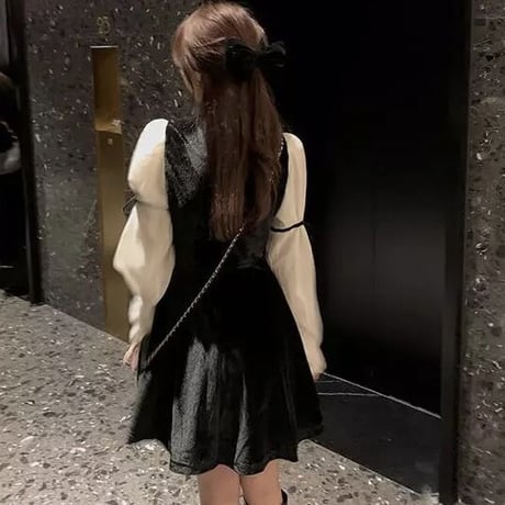 ベロア シフォンスリーブリボンワンピース