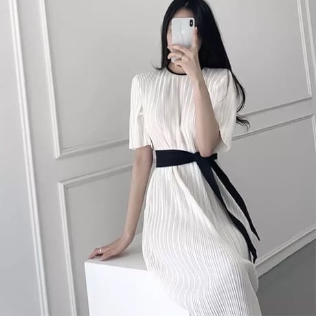 プリーツシフォン ブラックリボンワンピース