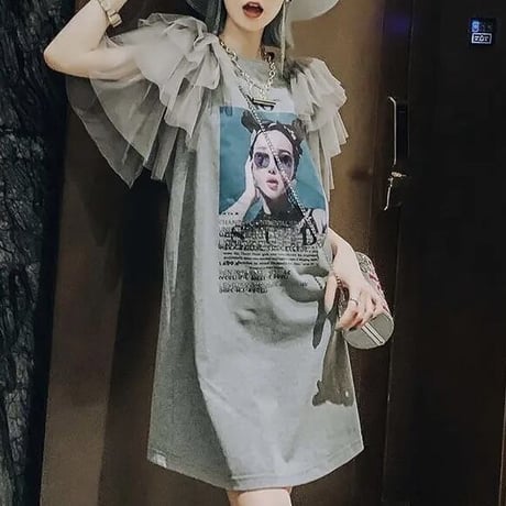 メッシュスリーブ グラフィックワンピース 3色展開