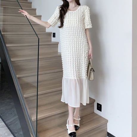 ワッフルシフォンヘム ロングワンピース 2色展開