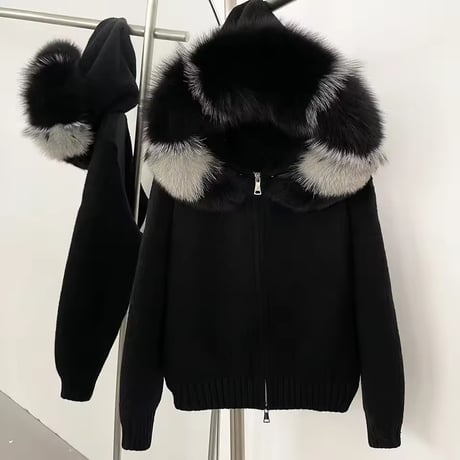 ストライプフォックスファーフードジャケット 3色展開