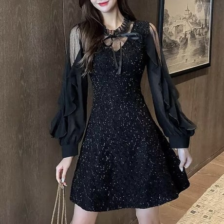シースルーフリル ブラックリボンワンピース