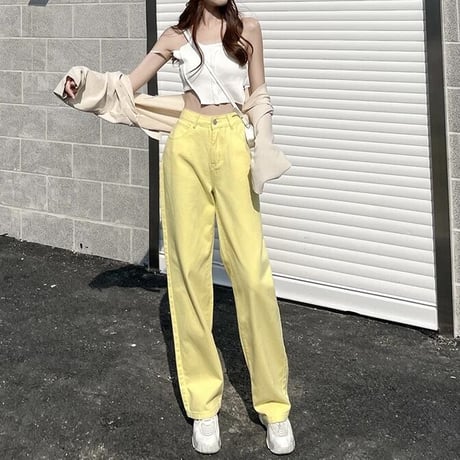 【Yellow XSサイズ即納】ハイウエスト カラーデニムパンツ 4色展開