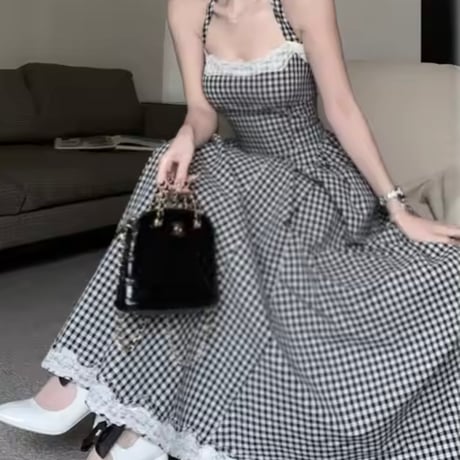 レースパッチワーク チェックロングワンピース