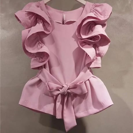 ウエストリボン フリルノースリーブブラウス 2色展開