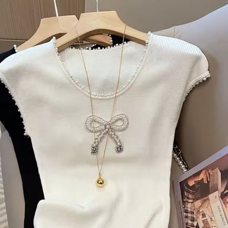 ビジューリボンサマーニットトップス 2色展開