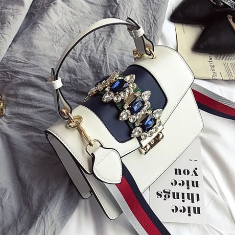 トリコロールカラーストラップ ビジューバッグ 4色展開