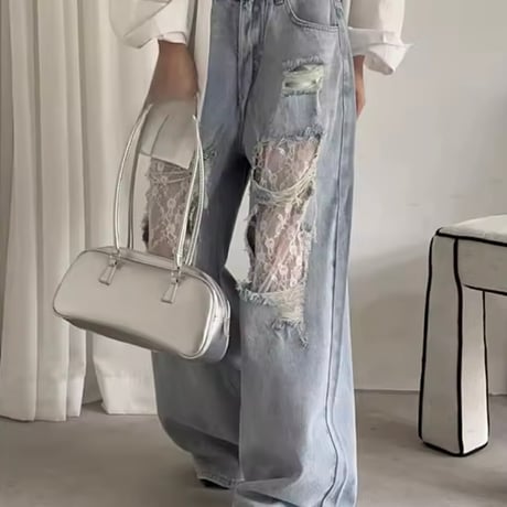 ダメージレースレトロデニムパンツ