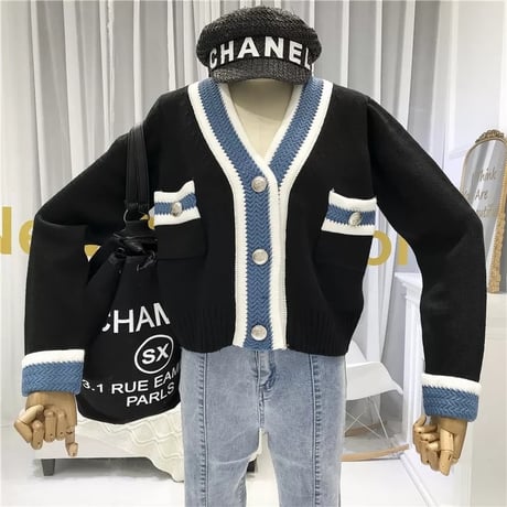 Vネック シルバーボタンラインカーディガン 3色展開