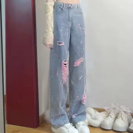ピンクダメージペイントデニムパンツ