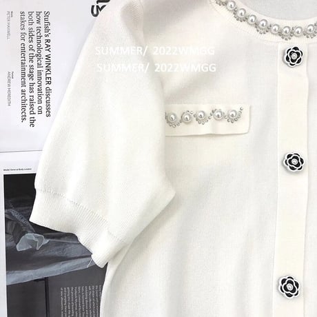 ブラックフラワー パールサマーニットトップス 2色展開