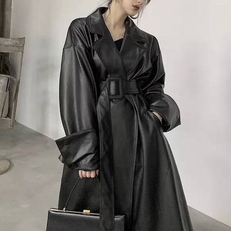 ロングスリーブ レザートレンチコート