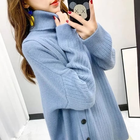 サイドボタン ハイネックリブニット 6色展開