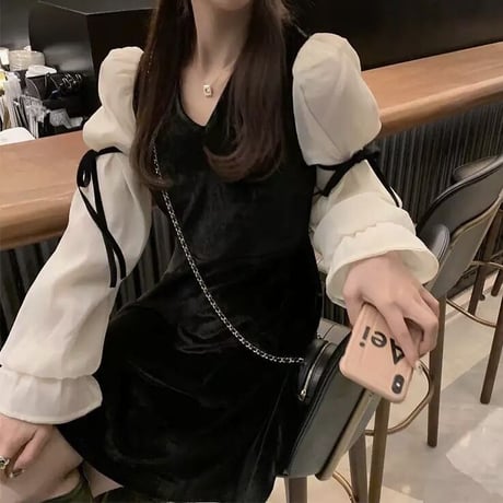 ベロア シフォンスリーブリボンワンピース