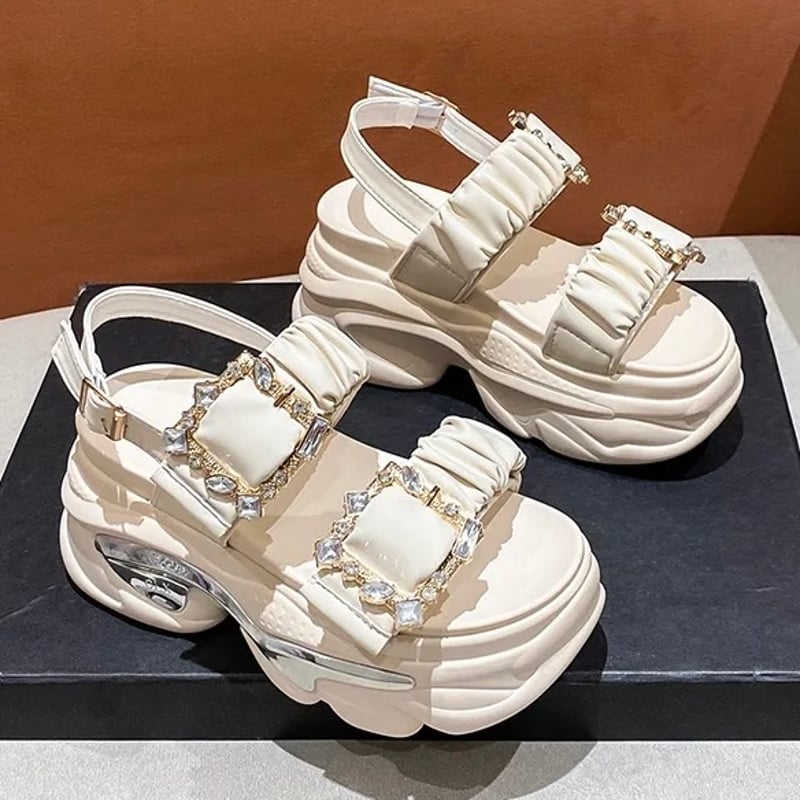 フレンチスタイル サンダル カバーアップトゥ エレガント 4色 ウェーブシルバー ギャザーストーンサンダル 4色展開