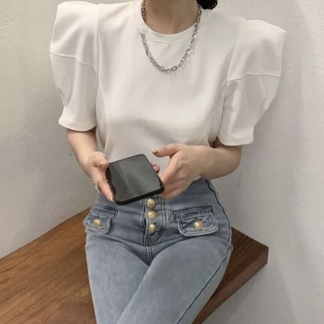 パフスリーブ ラウンドネックTシャツ 2色展開