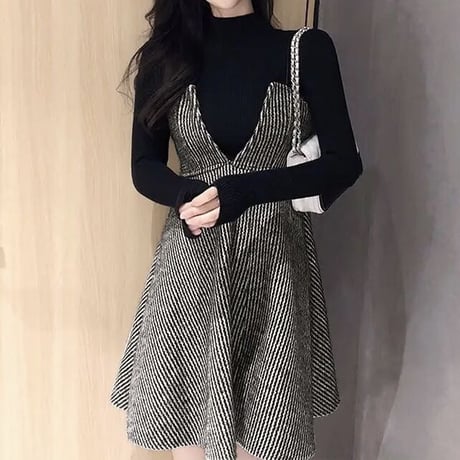 ストラップカットワンピース ニットセット 2色展開