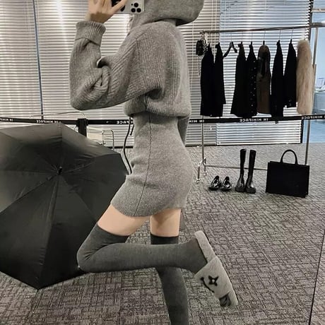 フーディリブニット ミニワンピース 3色展開
