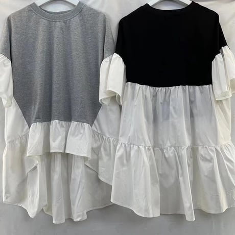 フリル切り替え カジュアルトップス 2色展開
