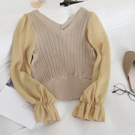 シフォンスリーブ ケーブルニットトップス 5色展開