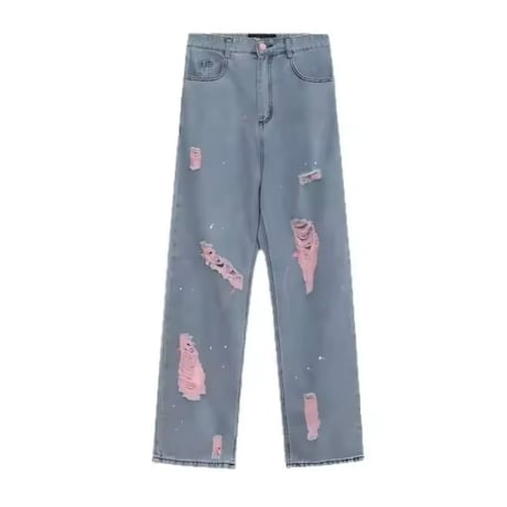 ピンクダメージペイントデニムパンツ