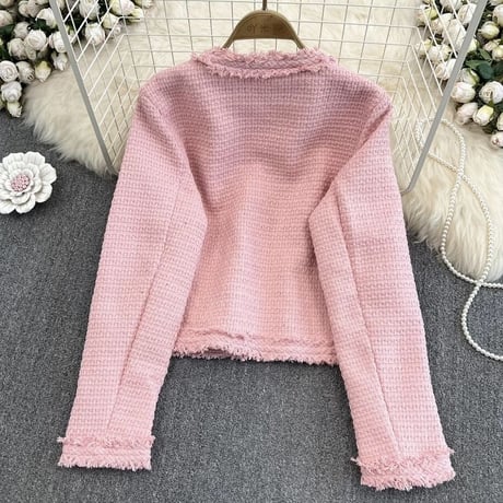 【White Lサイズ即納】カラーフリンジ ツイードジャケット 4色展開