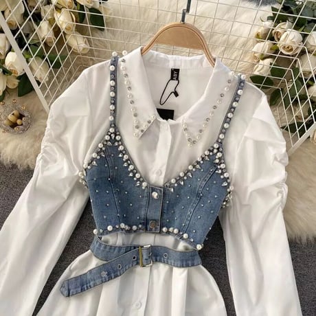 パールブラウス デニムビスチェセット 2色展開