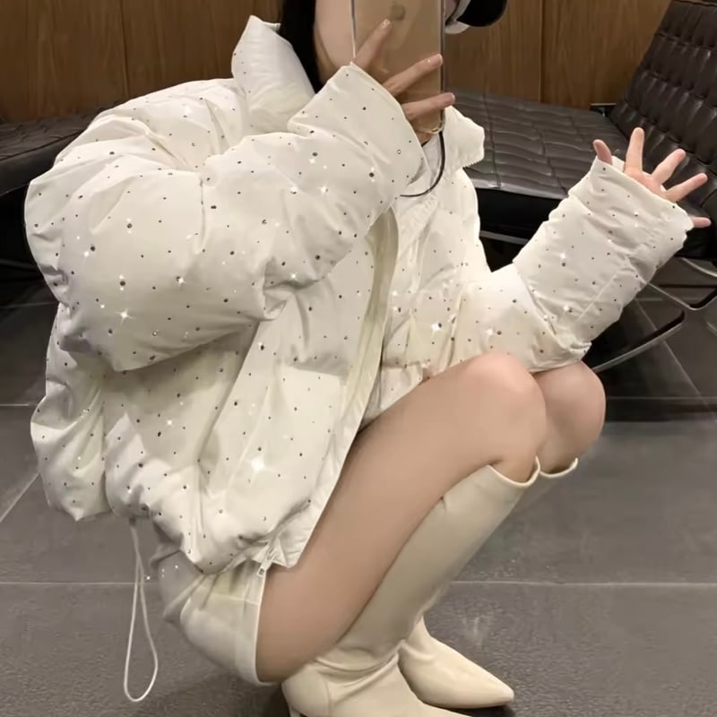 A323/KAORYINU ベロアジャケット 光沢 ラインストーン 40 紺 ラインストーン ダウンジャケット 3色展開 | Selectshop.Joie