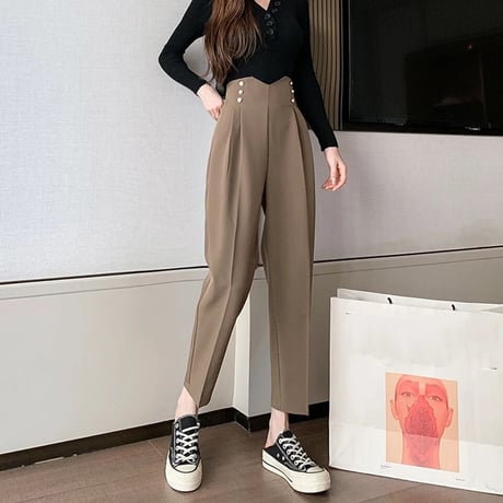 ハイウエスト ゴールドボタンタックパンツ 2色展開