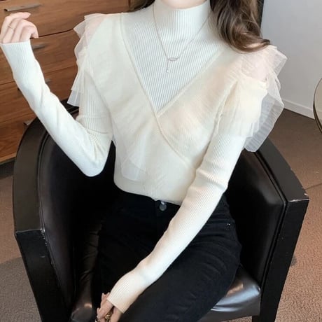 リブニット クロスシフォントップス 3色展開
