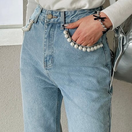 パールポケット ヘムダメージデニムパンツ